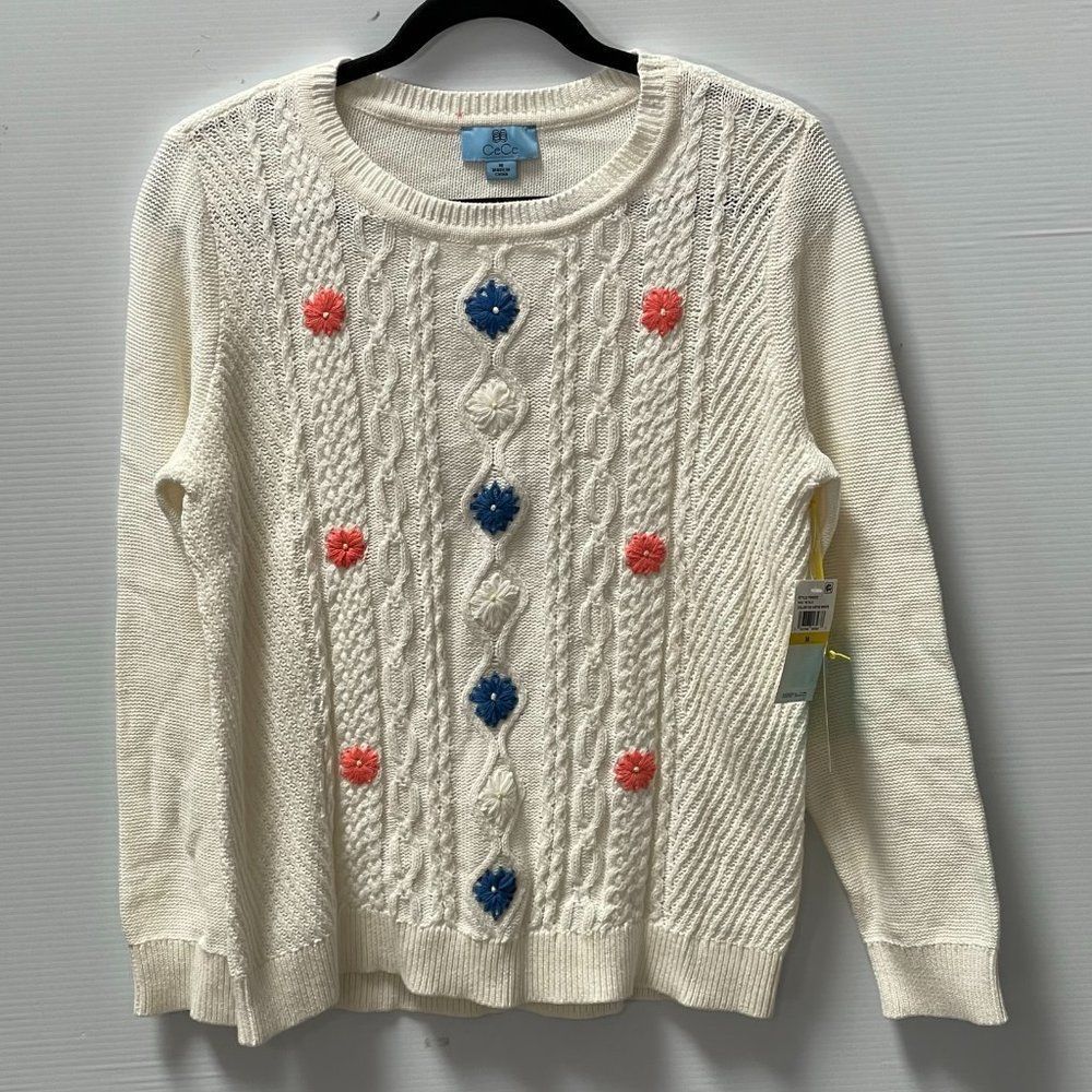 CeCe Women's Embroidered Cable Knit Sweater
